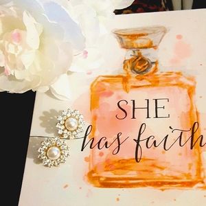 Pearl Rhinestone Clip Earrings - Goldtone